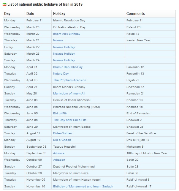 public holidays iran 2019